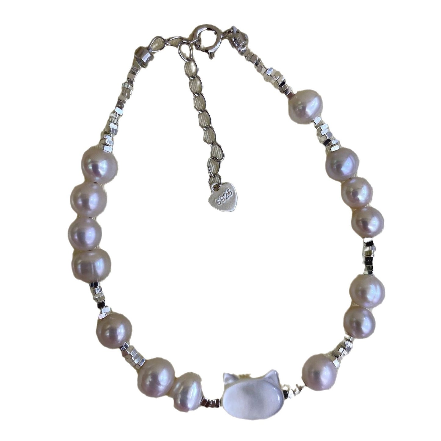 Cute Cat Freshwater Pearl Small Silver Bracelet