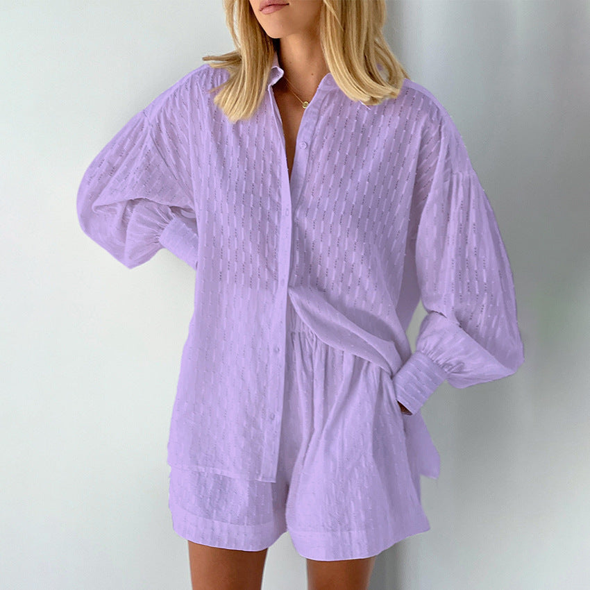 Women's Shirt Jacquard Bubble Sleeve Temperament Top Shorts Commuting Design Casual Suit