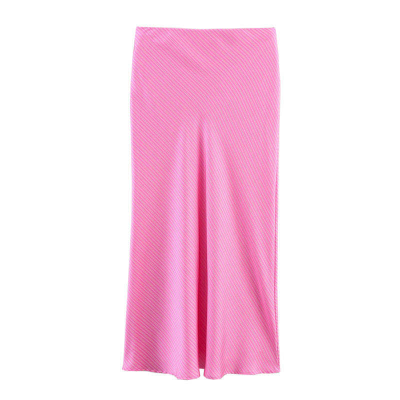 European And American Style Slim Stripe Silk Satin Texture Midi Dress