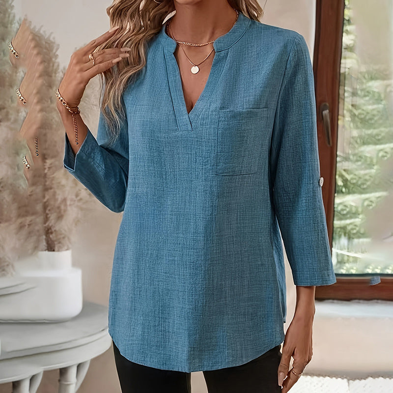 Womens Casual Summer Shirts Notch V Neck Blouses 3 4 Roll Sleeve Tunics Tops