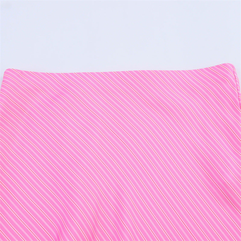 European And American Style Slim Stripe Silk Satin Texture Midi Dress