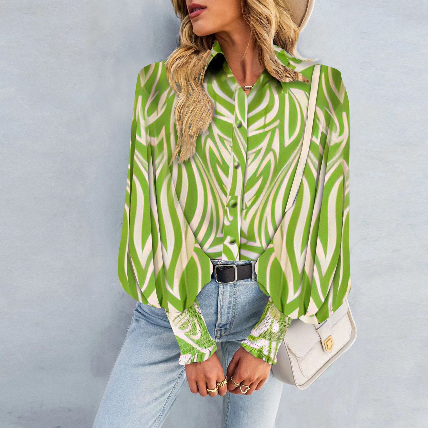 Hot Selling Long Sleeved Printed Lapel Lantern Sleeve Women's Shirt Spring And Autumn Top