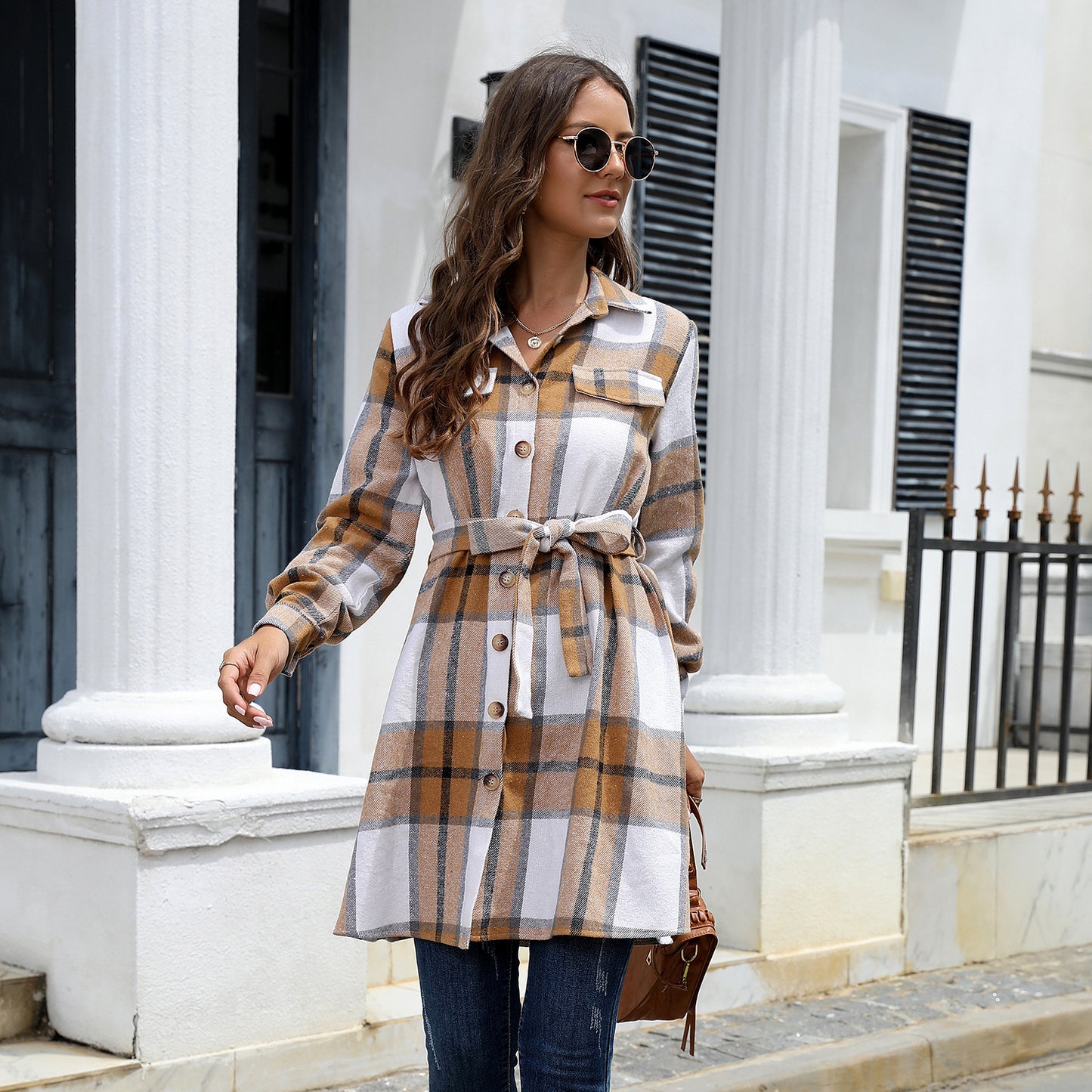 Women's Long Sleeve American Plaid Long Thickened Dress