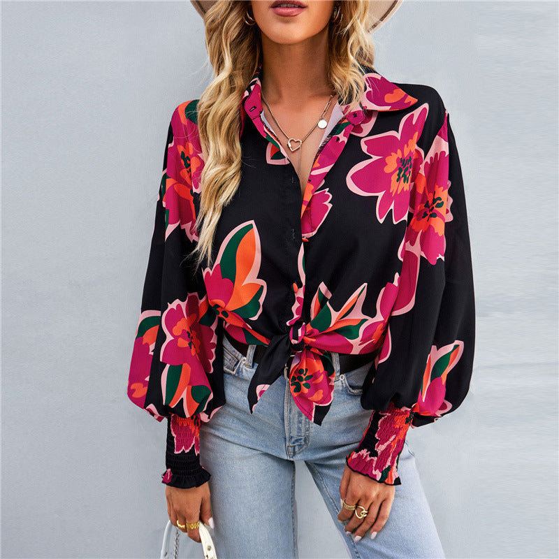 Hot Selling Long Sleeved Printed Lapel Lantern Sleeve Women's Shirt Spring And Autumn Top