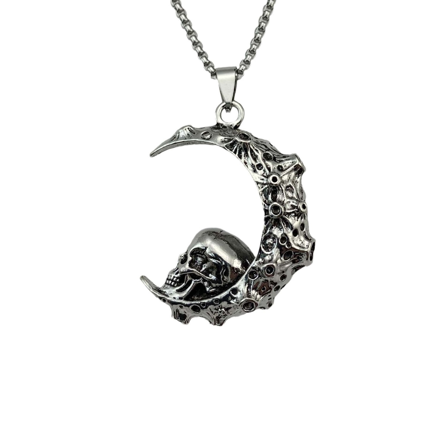 Big Stainless Steel 3D Moon Skull Pendant Biker Punk Neckalce For Man Jewelry Free Shipping