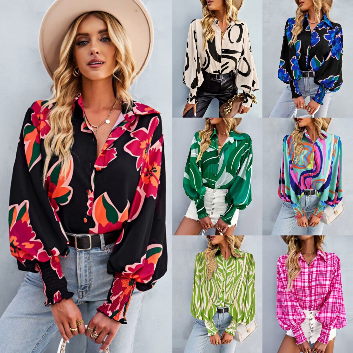 Hot Selling Long Sleeved Printed Lapel Lantern Sleeve Women's Shirt Spring And Autumn Top