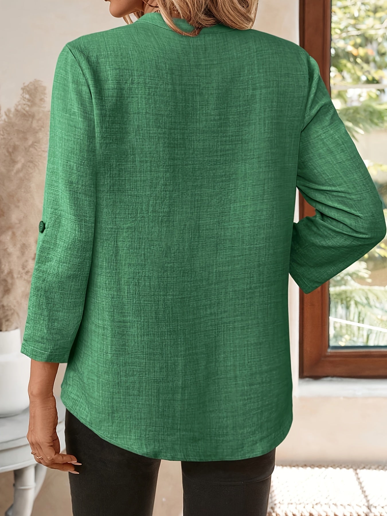 Womens Casual Summer Shirts Notch V Neck Blouses 3 4 Roll Sleeve Tunics Tops