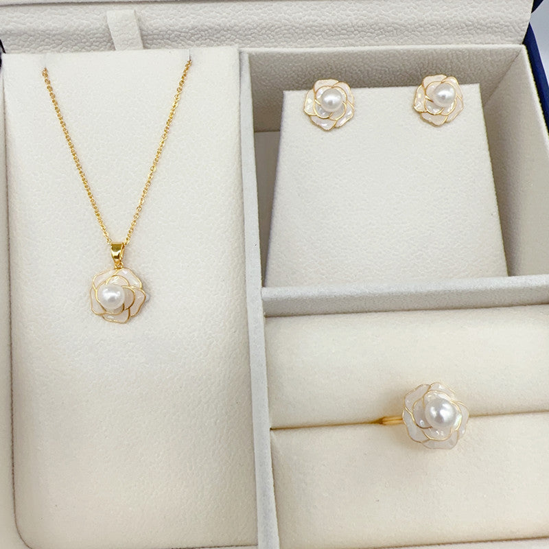 Drip Glazed Camellia Ear Stud Pendant Ring Suit