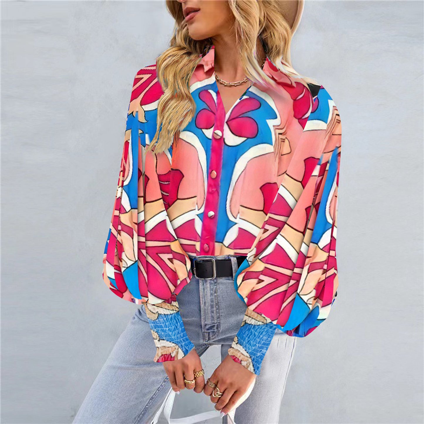 Hot Selling Long Sleeved Printed Lapel Lantern Sleeve Women's Shirt Spring And Autumn Top