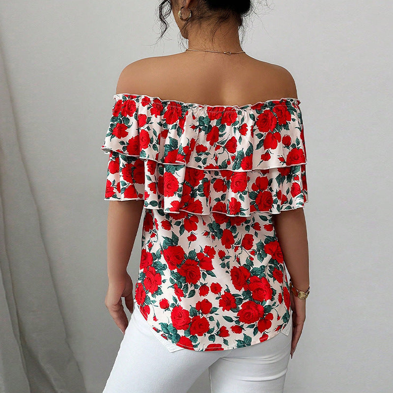 Off-shoulder Short-sleeved Shirt Double-layer Ruffled Women's Clothing