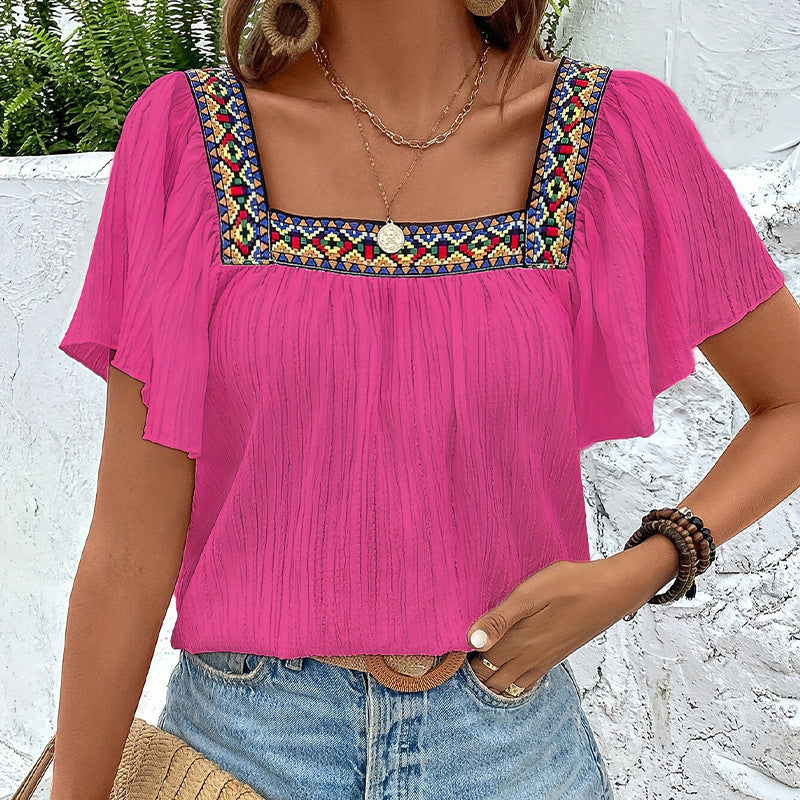 Square Collar Shirt Pullover Short Sleeve Backless Shirt