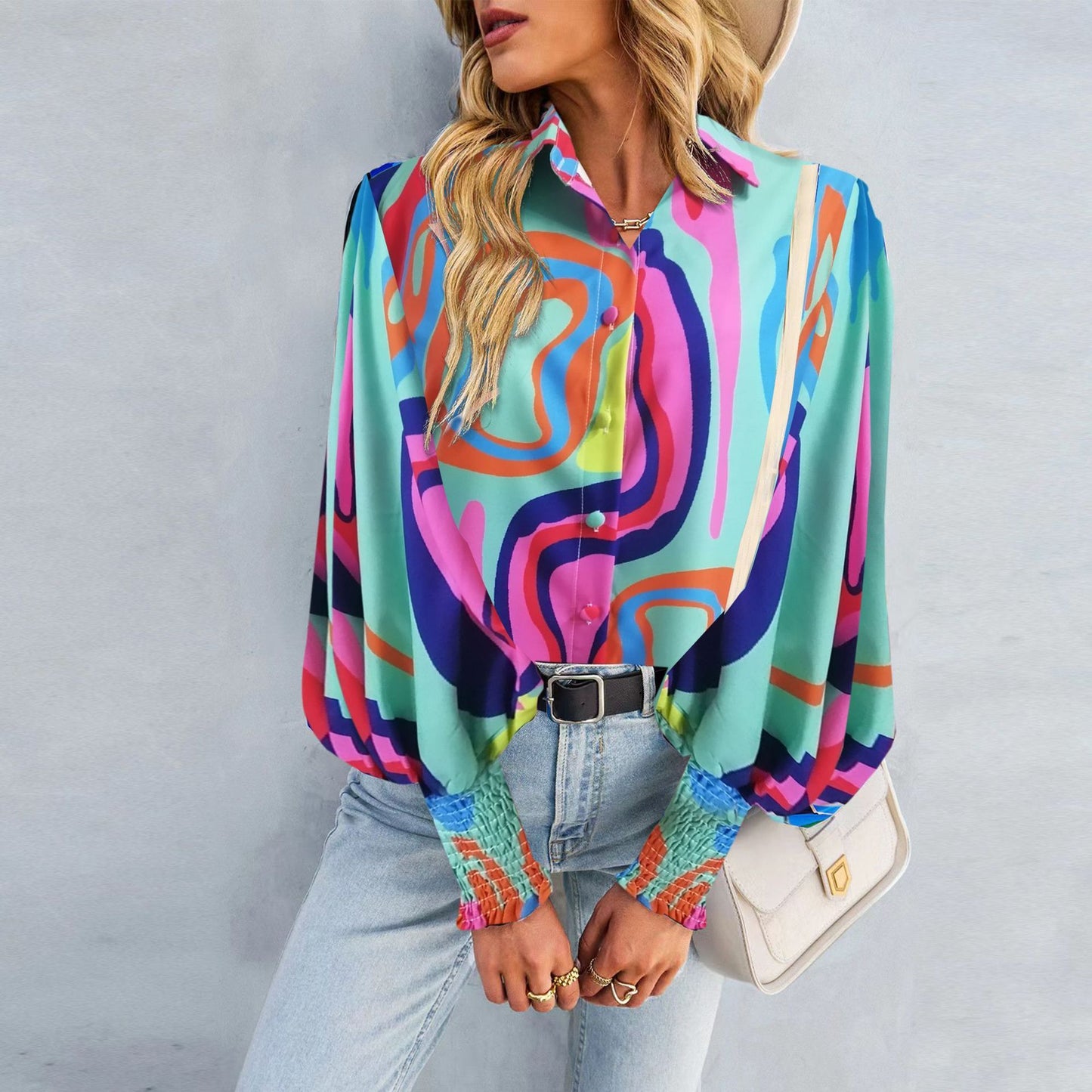 Hot Selling Long Sleeved Printed Lapel Lantern Sleeve Women's Shirt Spring And Autumn Top
