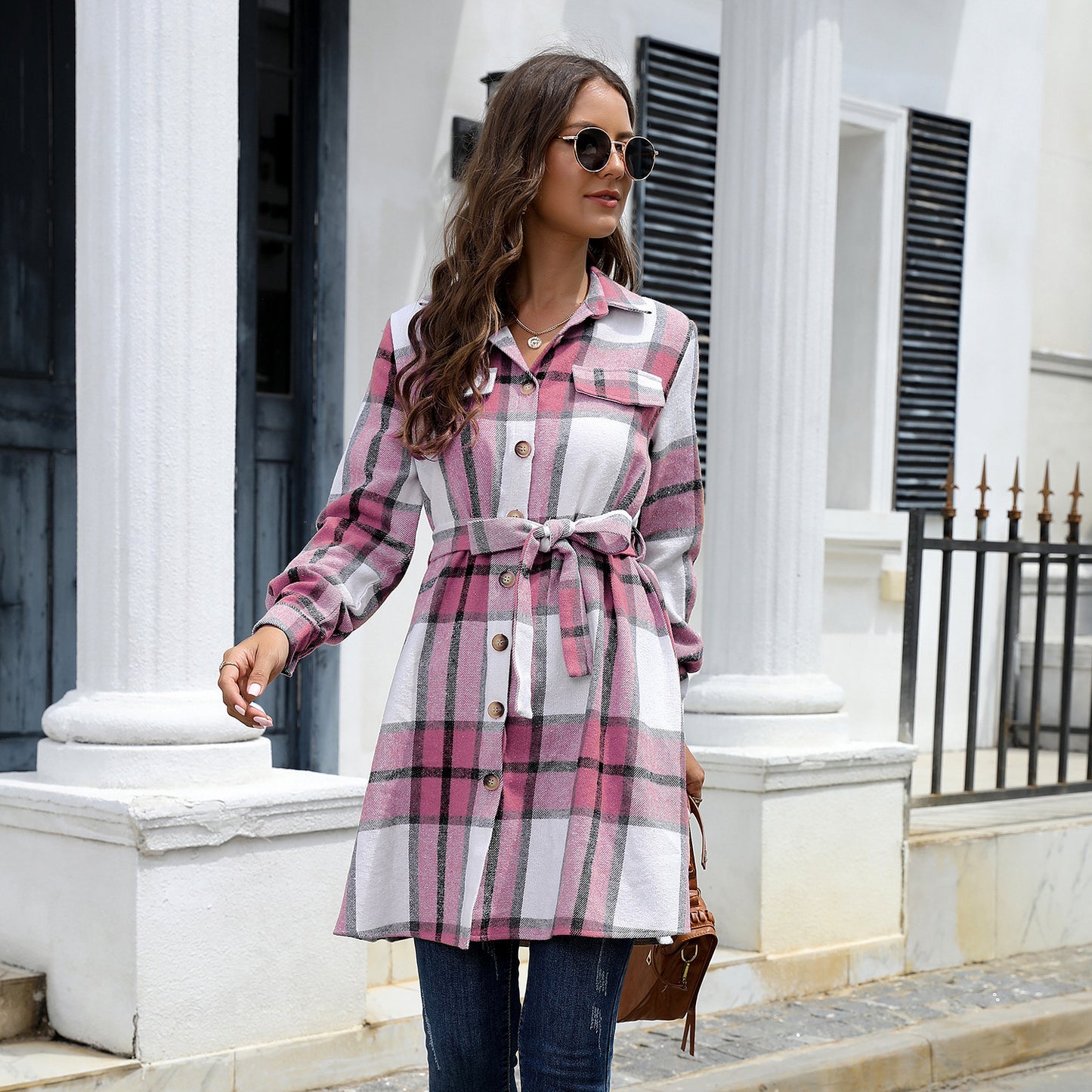 Women's Long Sleeve American Plaid Long Thickened Dress