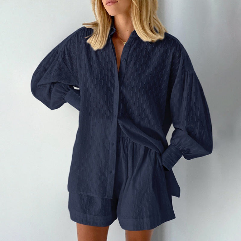 Women's Shirt Jacquard Bubble Sleeve Temperament Top Shorts Commuting Design Casual Suit