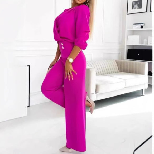 Women's Solid Color And V-neck Two-button 2-piece Trousers Suit