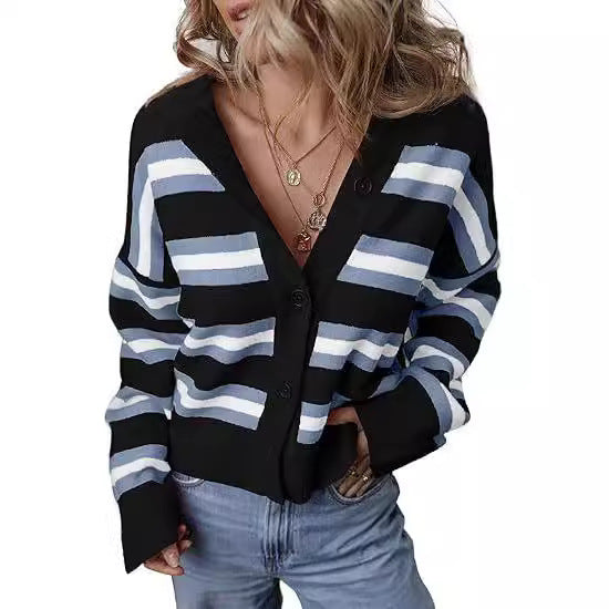 Striped Color Stitching Knitted Cardigan Women's Clothing