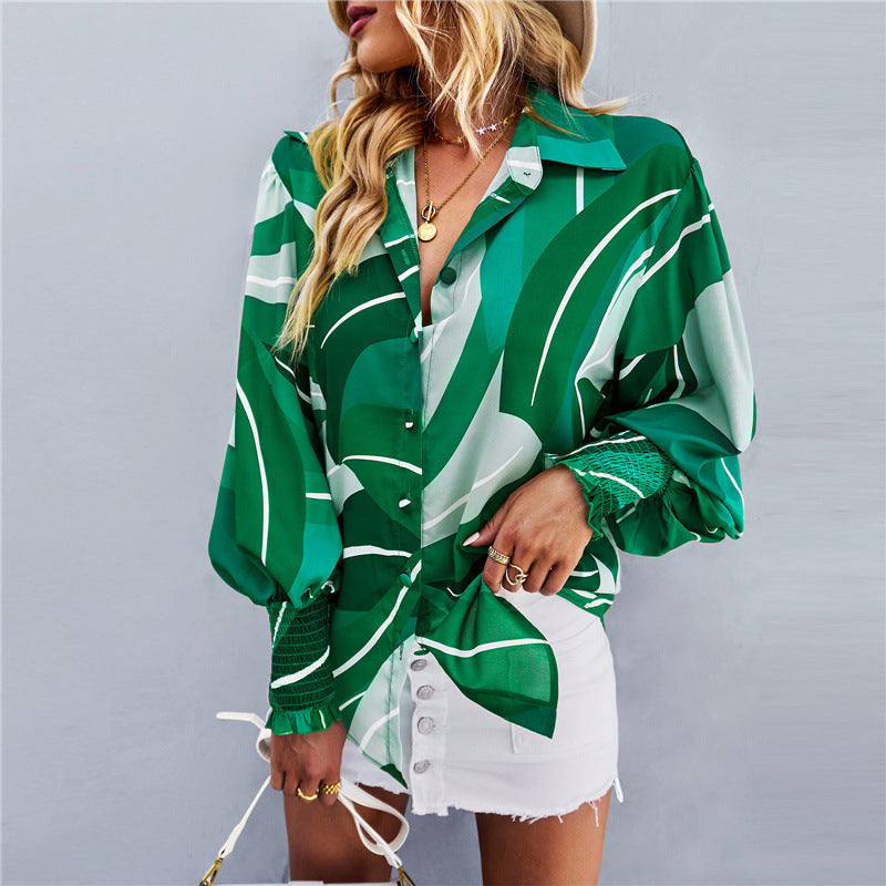 Hot Selling Long Sleeved Printed Lapel Lantern Sleeve Women's Shirt Spring And Autumn Top