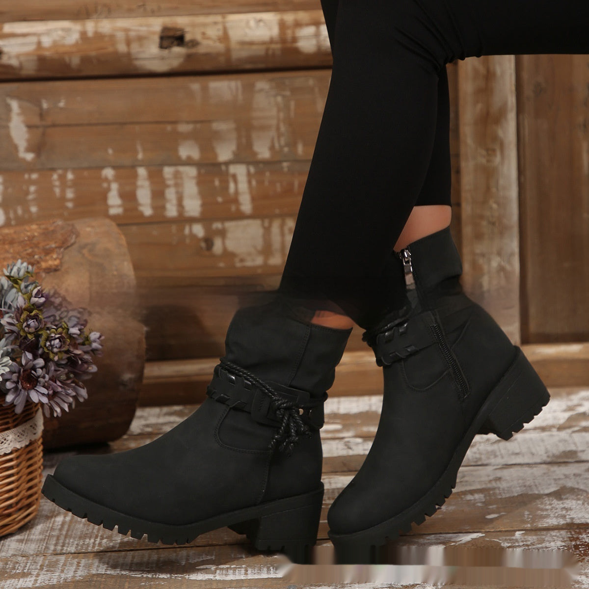Belt Buckle Women's Ankle Boots Elastic Band