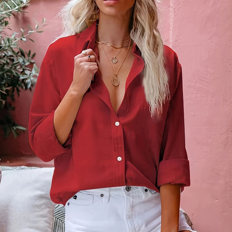 Women's Simple Button Front Shirt, Elegant Long Sleeve Solid Color Shirt Tops