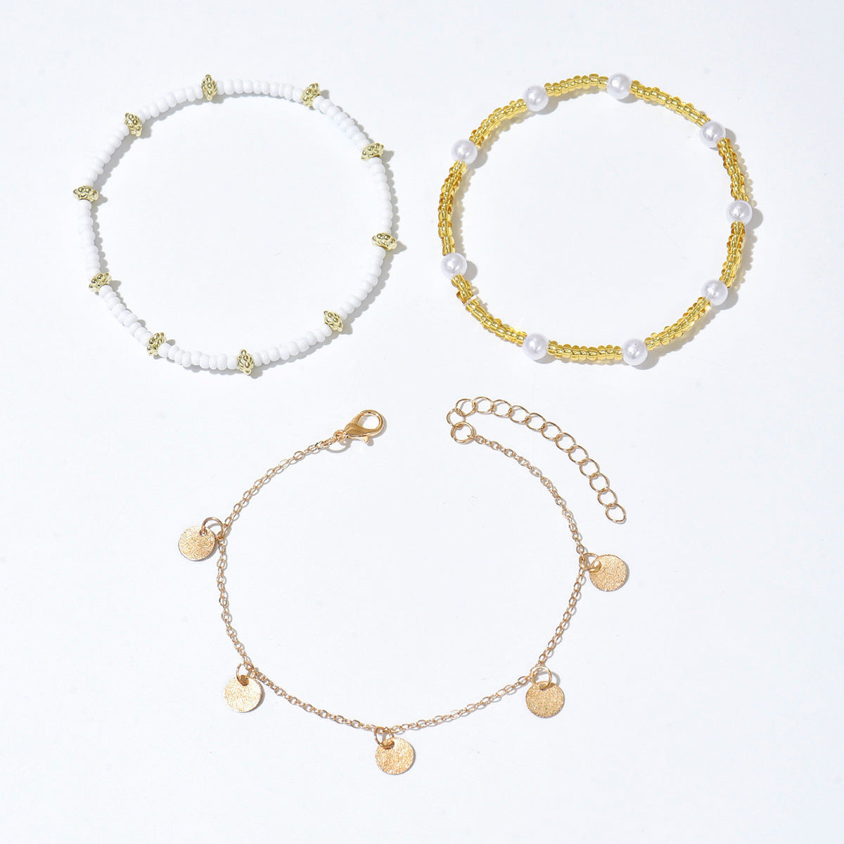 Bohemian Style Iron Wafer Pendant Bead Anklet Three-piece Set