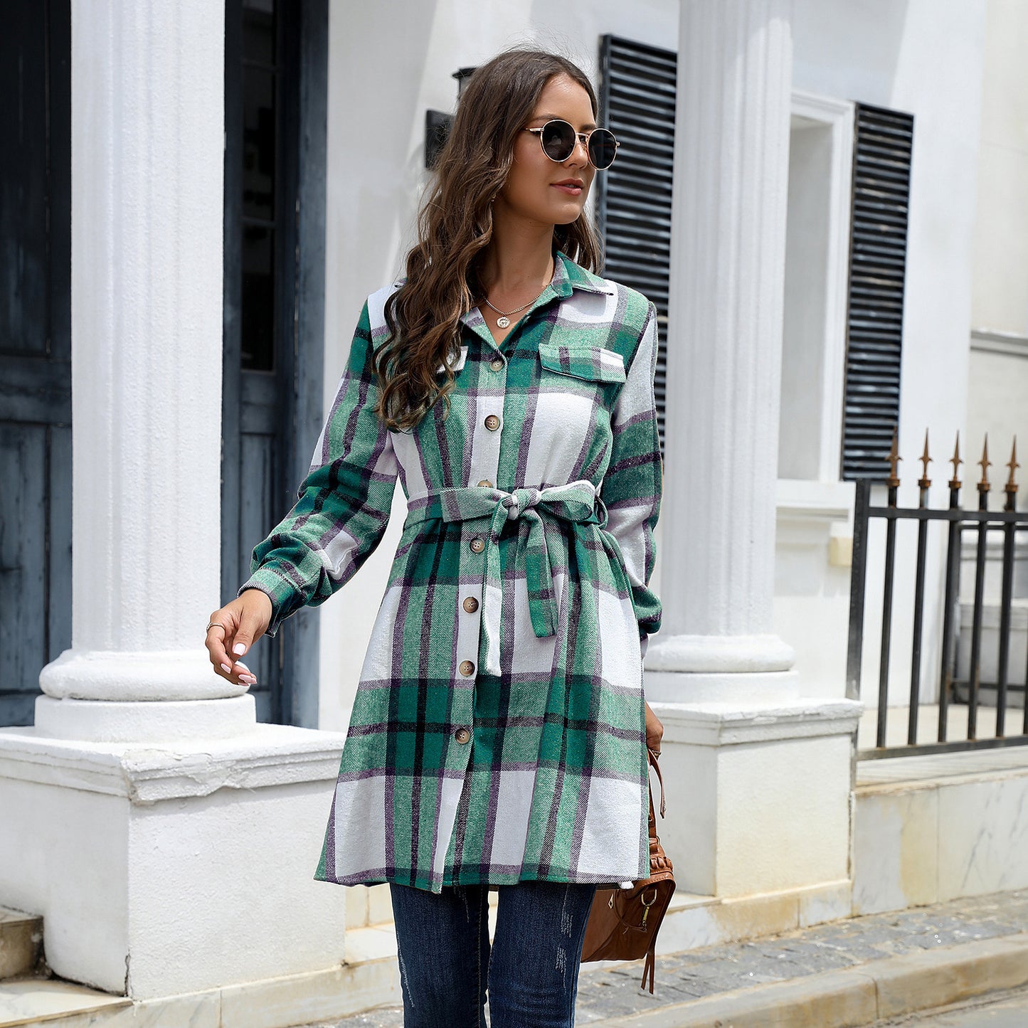 Women's Long Sleeve American Plaid Long Thickened Dress