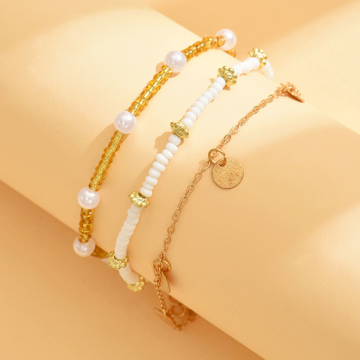 Bohemian Style Iron Wafer Pendant Bead Anklet Three-piece Set