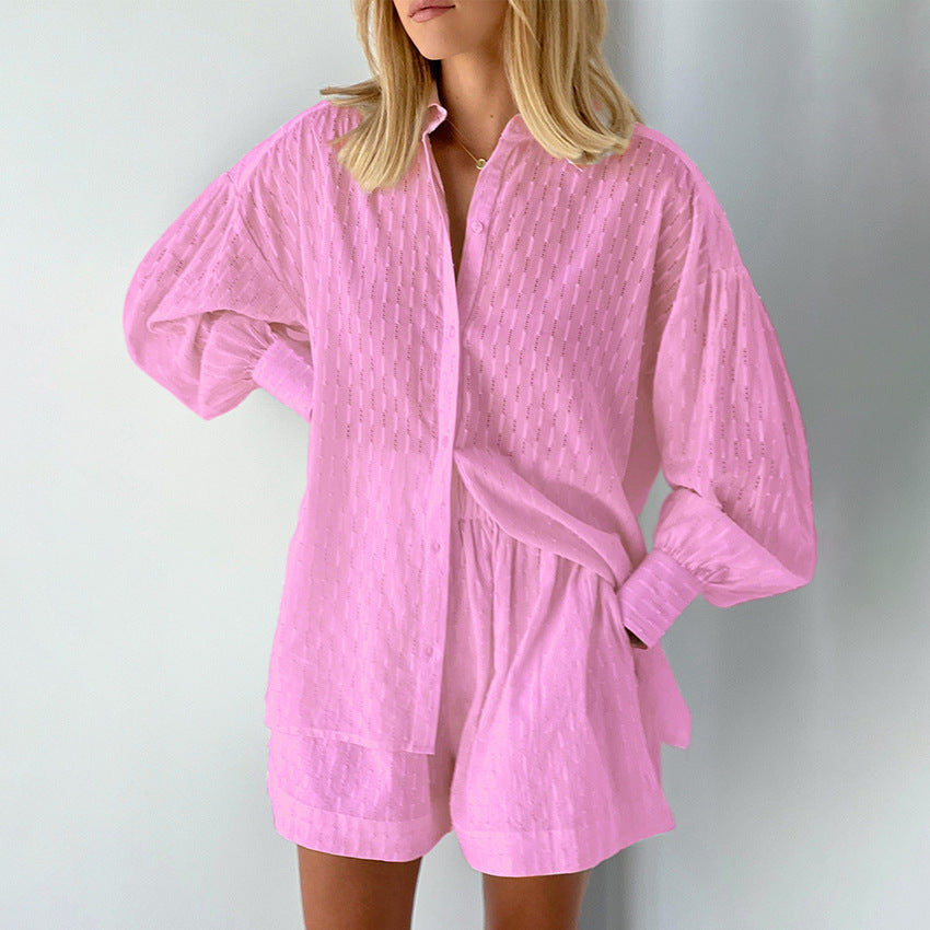 Women's Shirt Jacquard Bubble Sleeve Temperament Top Shorts Commuting Design Casual Suit