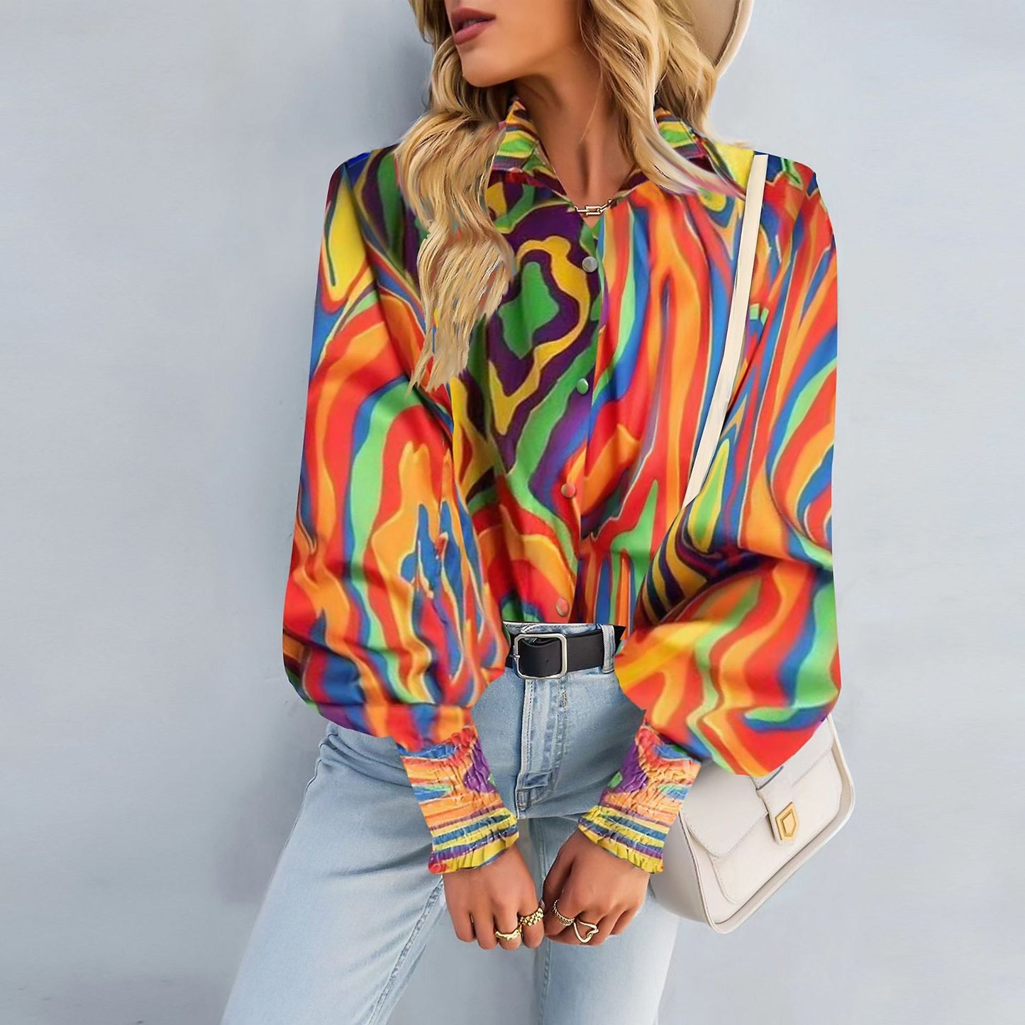 Hot Selling Long Sleeved Printed Lapel Lantern Sleeve Women's Shirt Spring And Autumn Top
