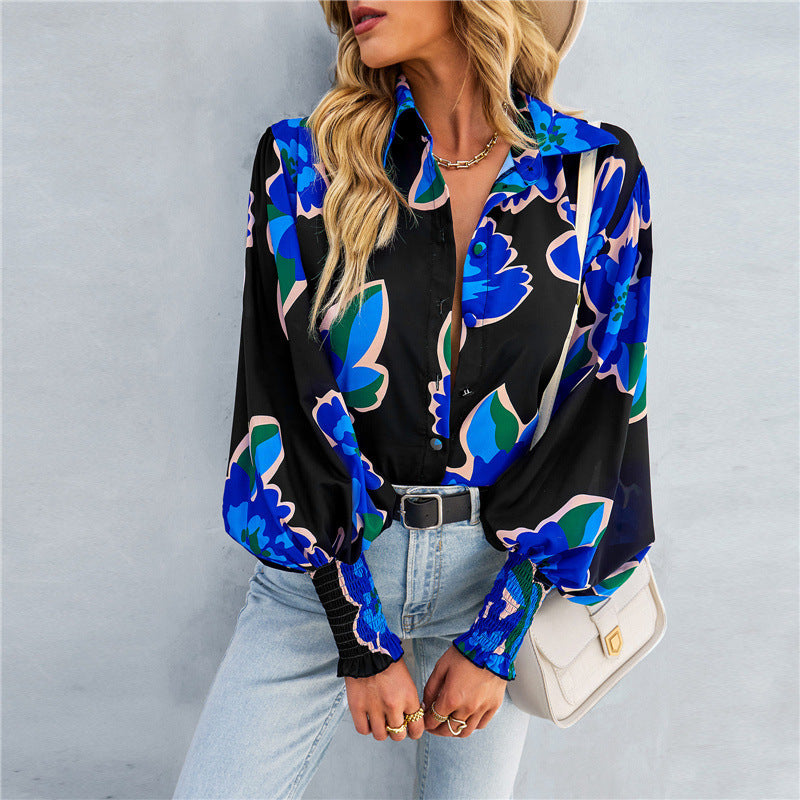 Hot Selling Long Sleeved Printed Lapel Lantern Sleeve Women's Shirt Spring And Autumn Top