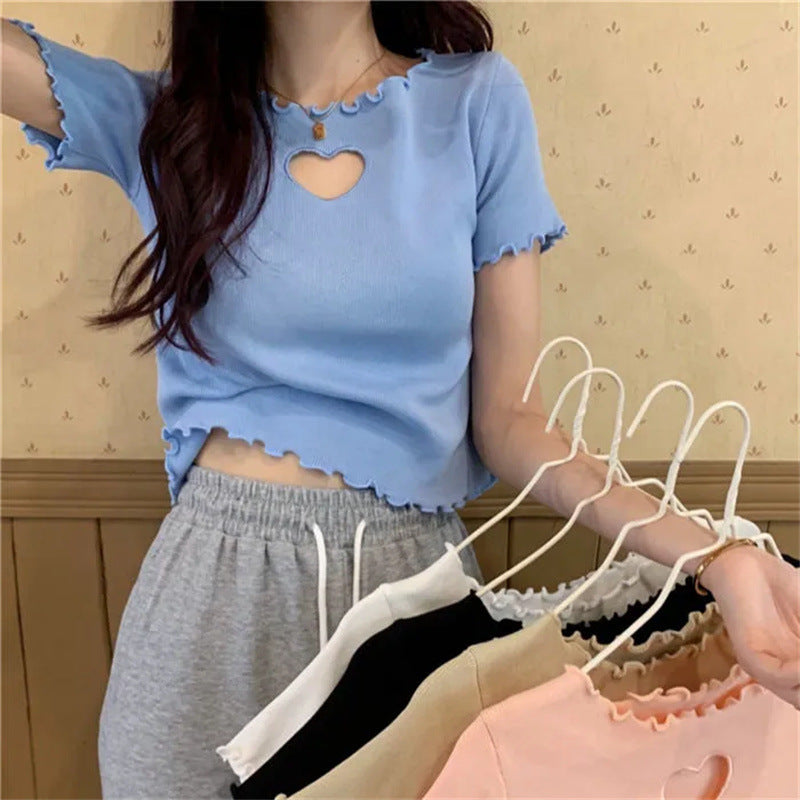 Short Hollow Out Love T-shirt With Wooden Ear Edge Top
