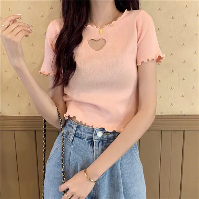 Short Hollow Out Love T-shirt With Wooden Ear Edge Top