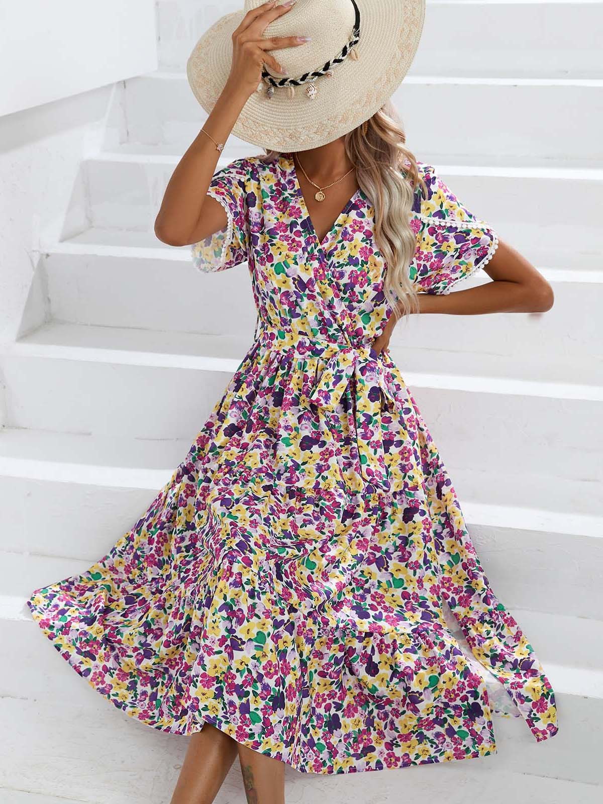 Women's Summer Floral Split V-neck Dress