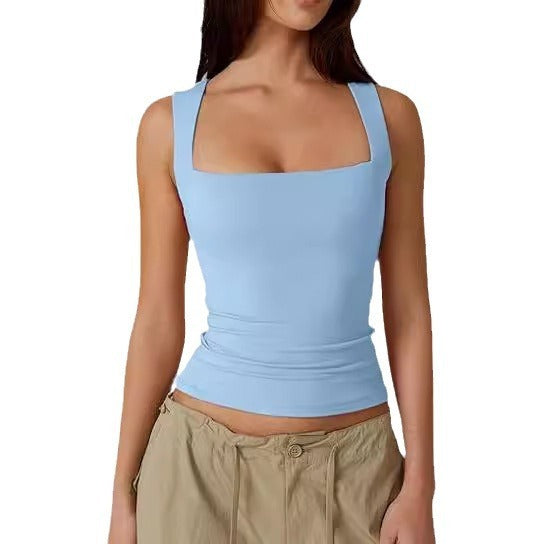 Wearing Women's Camisole Vest Inside, Spicy Girl Fashionable Summer Square Neck Top, Milk Silk
