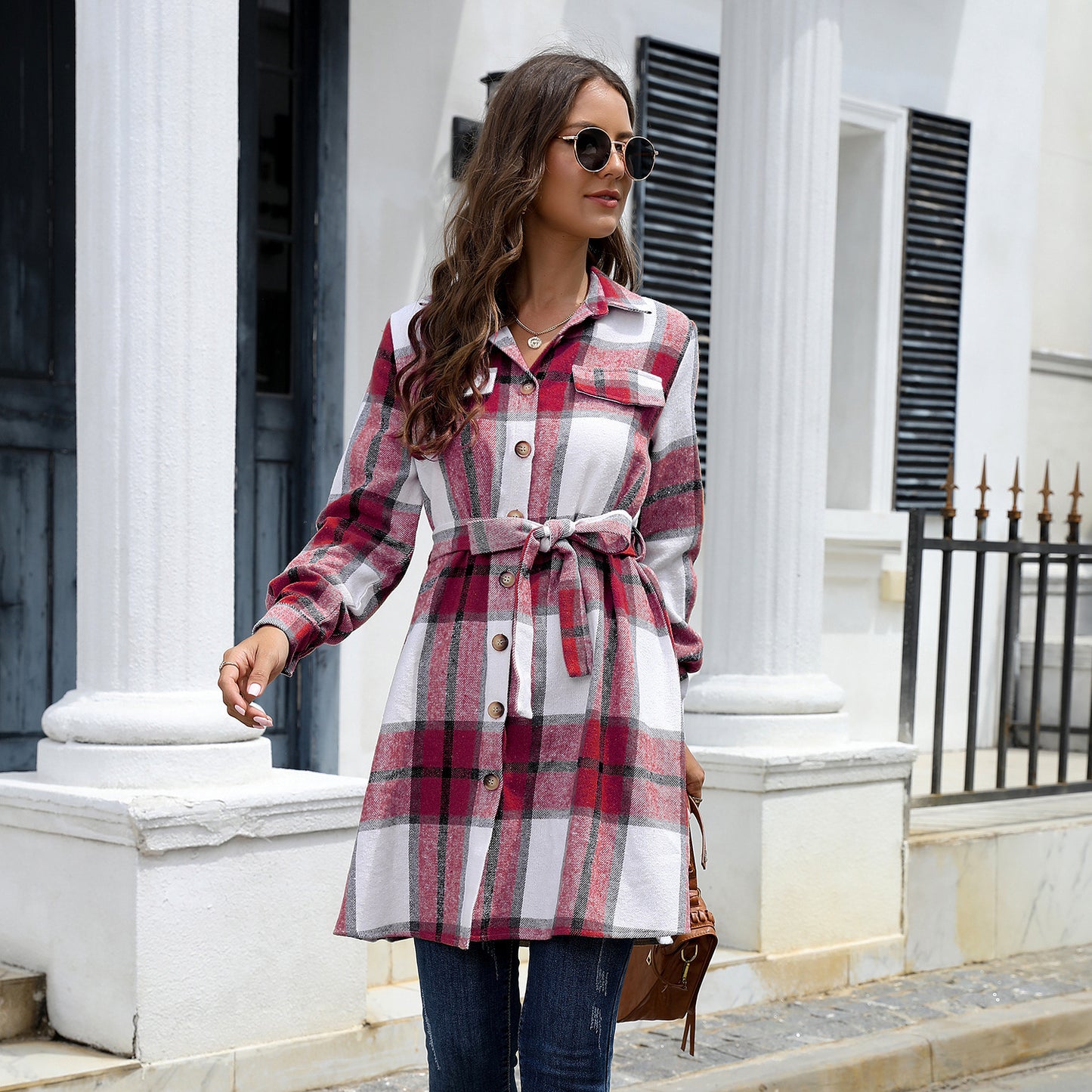Women's Long Sleeve American Plaid Long Thickened Dress