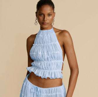 Backless Halter Lace-up Pleated Dress Lace Vest Suit