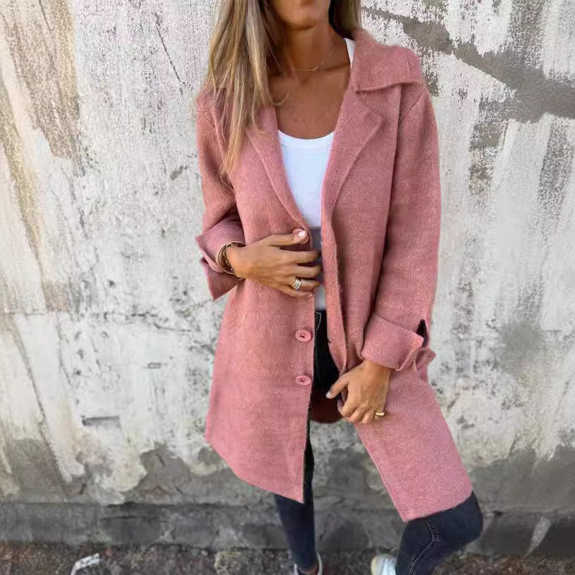 Apel Single Breasted Cardigan With Pockets Fashion Color Solid Mid-Length Outwear Coat Womens Clothing