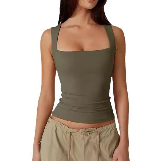 Wearing Women's Camisole Vest Inside, Spicy Girl Fashionable Summer Square Neck Top, Milk Silk