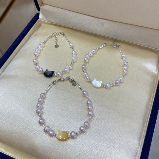 Cute Cat Freshwater Pearl Small Silver Bracelet
