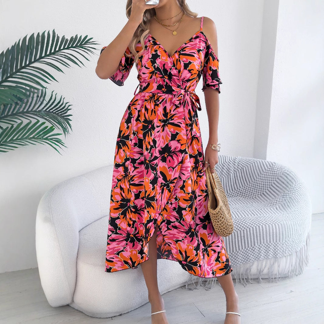 European And American Strapless Cross V-neck Flower Strap Holiday Dress