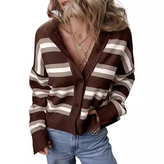 Striped Color Stitching Knitted Cardigan Women's Clothing