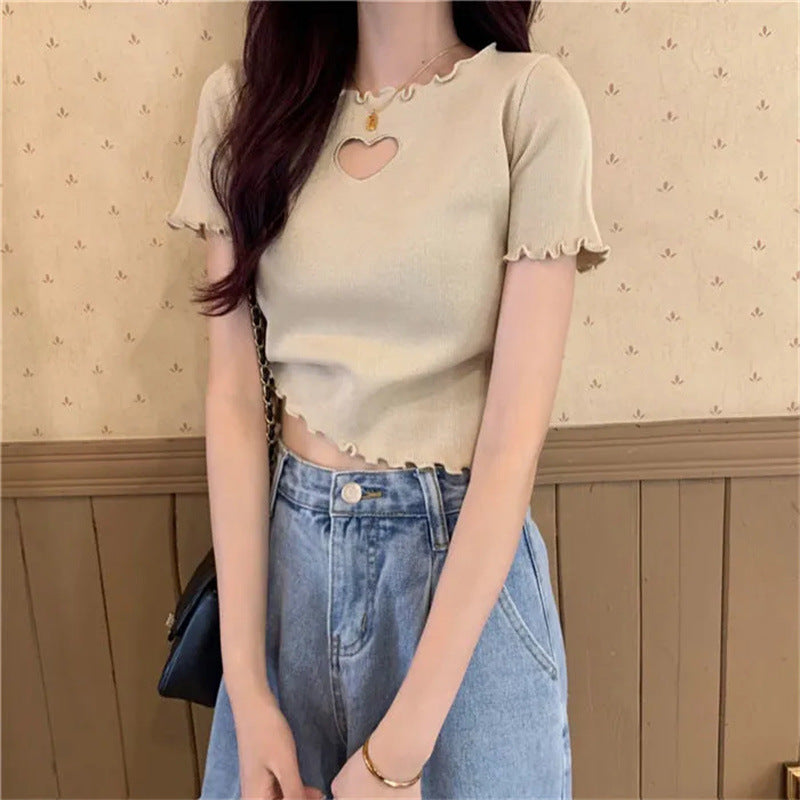 Short Hollow Out Love T-shirt With Wooden Ear Edge Top