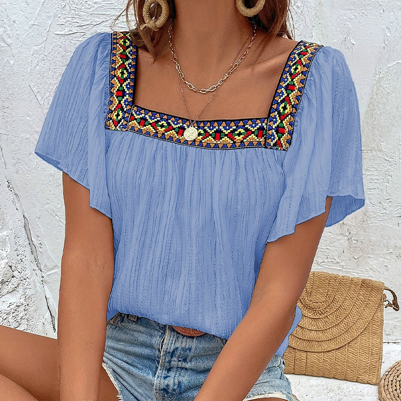 Square Collar Shirt Pullover Short Sleeve Backless Shirt