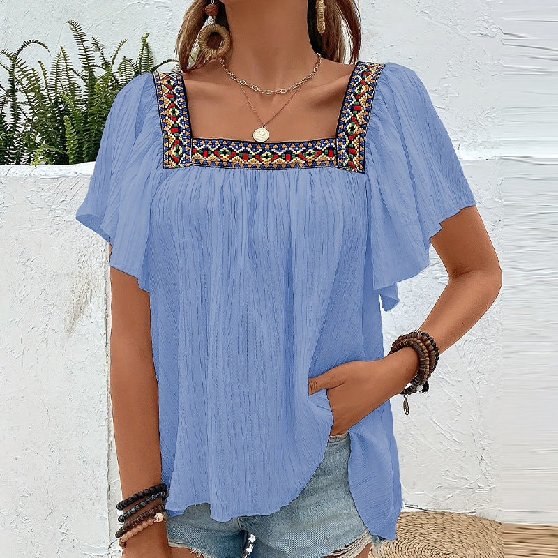 Square Collar Shirt Pullover Short Sleeve Backless Shirt