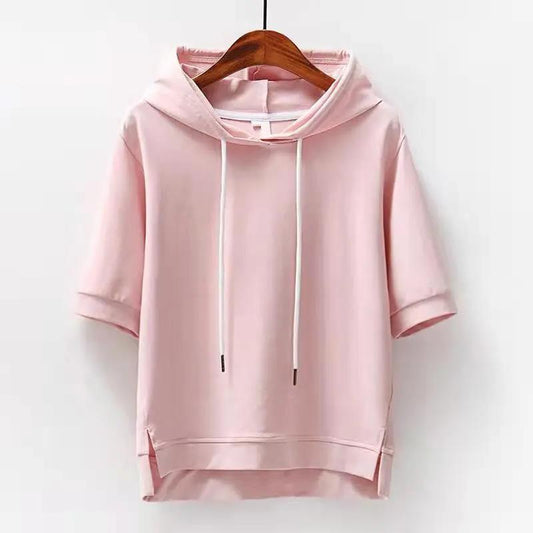 Spring And Summer Women's Clothing New Half Sleeve Split Half Sleeve Hooded T-shirt