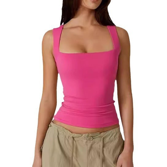 Wearing Women's Camisole Vest Inside, Spicy Girl Fashionable Summer Square Neck Top, Milk Silk