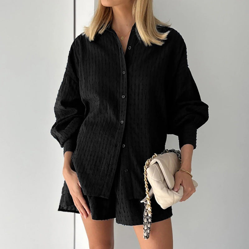 Women's Shirt Jacquard Bubble Sleeve Temperament Top Shorts Commuting Design Casual Suit