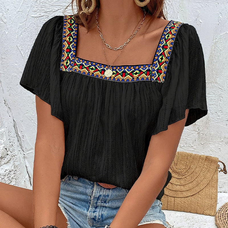Square Collar Shirt Pullover Short Sleeve Backless Shirt
