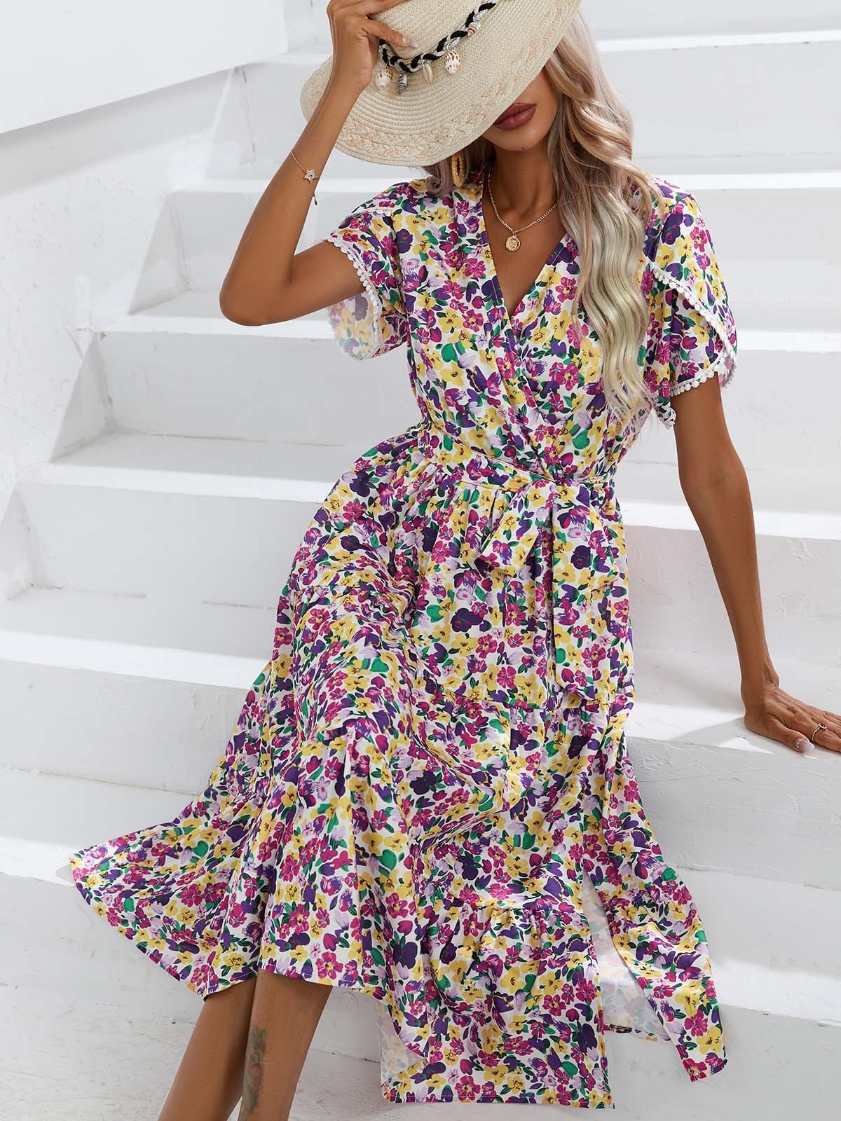 Women's Summer Floral Split V-neck Dress