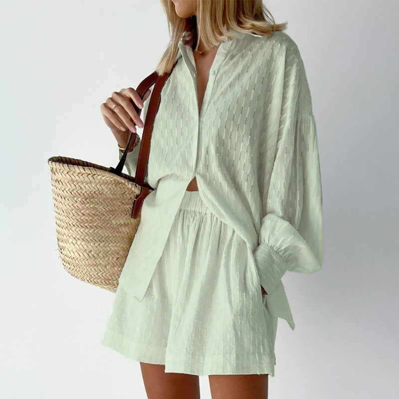 Women's Shirt Jacquard Bubble Sleeve Temperament Top Shorts Commuting Design Casual Suit
