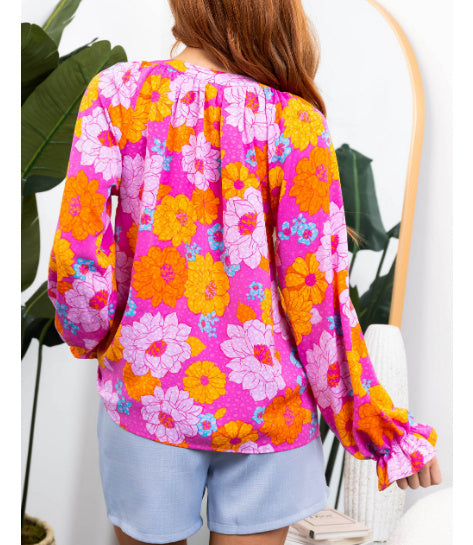 Rose Floral Print Flounce Sleeve Notched Neck Blouse